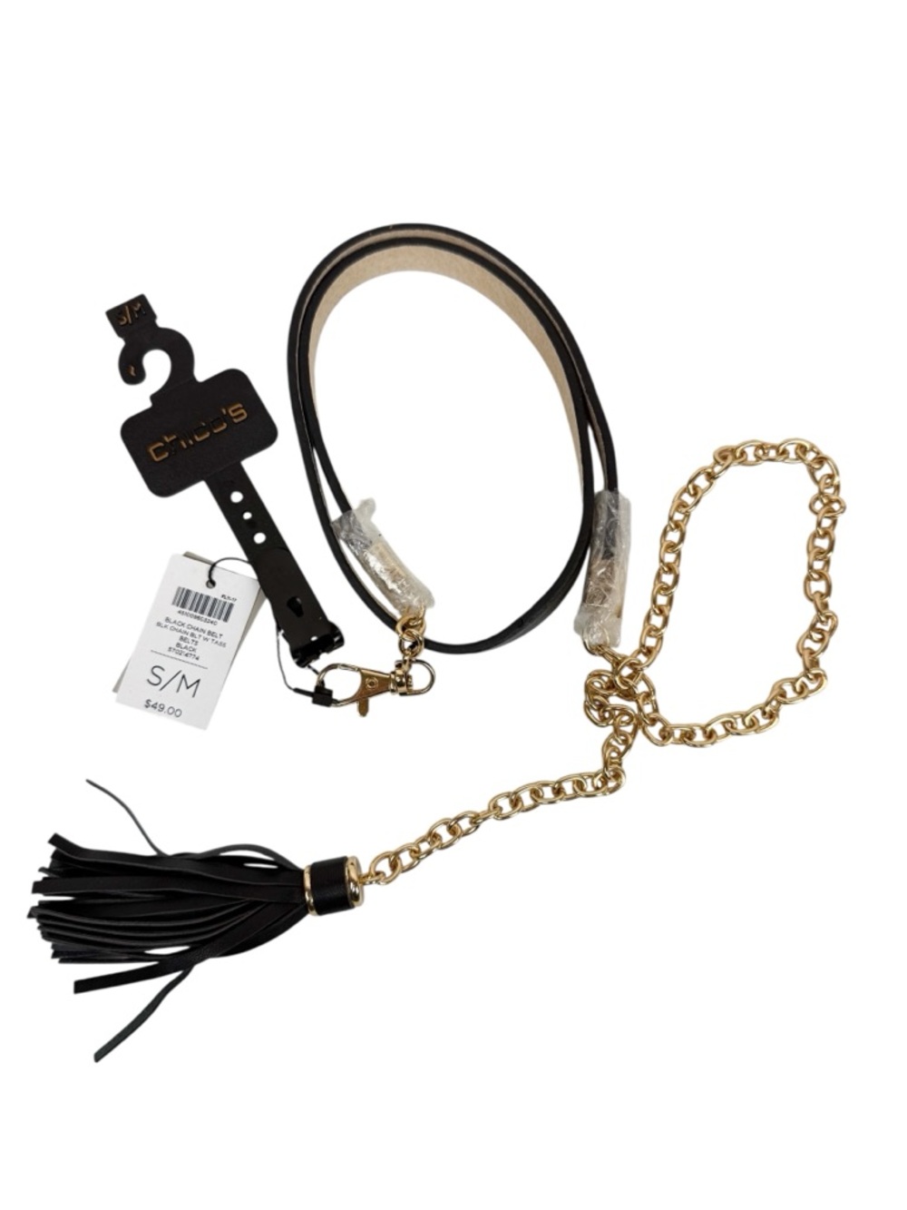 NWT Chico's Black Leather Chain Belt With Tassel Size Small/ Medium